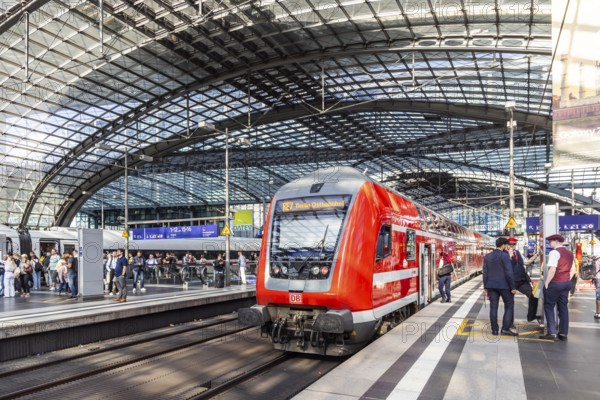 Central station with platform hall, glass roof construction, regional train, Berlin, Germany,