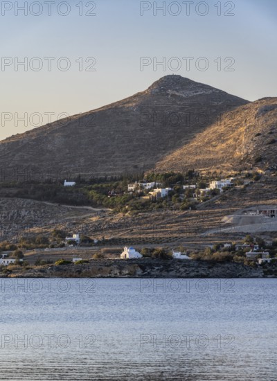 View of the Monastiri peninsula, hills and white Cycladic houses, Paros, Cyclades, Greece, Europe
