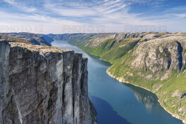 Rock face of Kjerag above the Lysefjord, Lysebotn, Rogaland, Norway, Europe