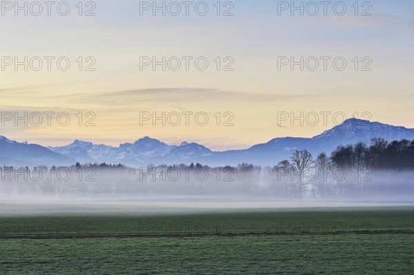 Early morning fog in the Reuss valley, snow-covered Rigi in the background, Merenschwand, Freiamt,