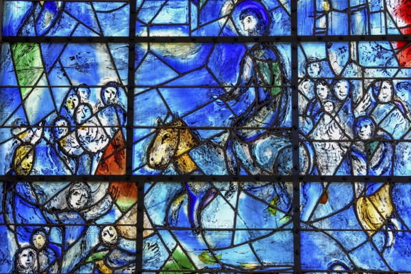 Detail entry into Jerusalem of the stained glass window La Paix, the Peace, by Marc Chagall,