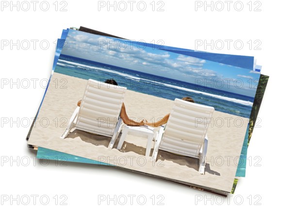 Holidays beach concept creative background, stack of vacation photos with couple on beach image on