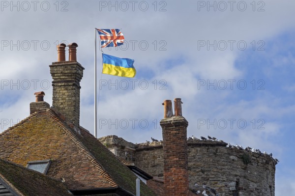 British and Ukrainian Flag, Town Gate The Landgate, Rye, East Sussex, England, United Kingdom,