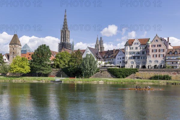 City view, Danube bank with historic old town, fishermen's quarter, cathedral, rowing boat, sports