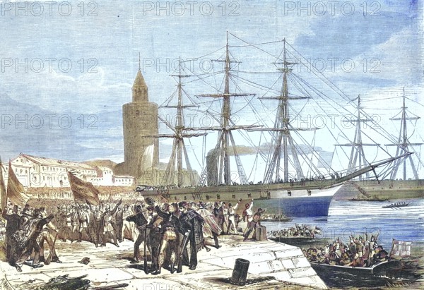 Docking of a ship and disembarkation of the crew, Cadiz, 1869, Spain, Historic, digitally restored