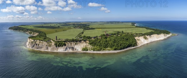 Aerial view of Cape Arkona with chalk cliffs, direction finder and lighthouse, Putgarten, Rügen