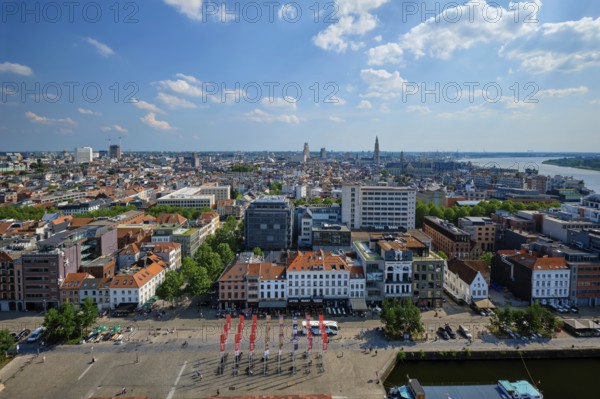 ANTWERP, BELGIUM, May 26, 2018: Aerial view of Antwerp city cetner with Cathedral of Our Lady in