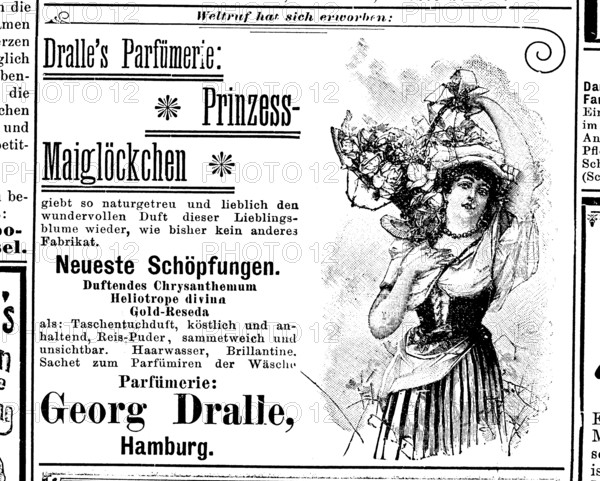 Advertisement of the company Georg Dralle, Parfümerie, Hamburg, for Prinzess Maiglöckchen perfume,