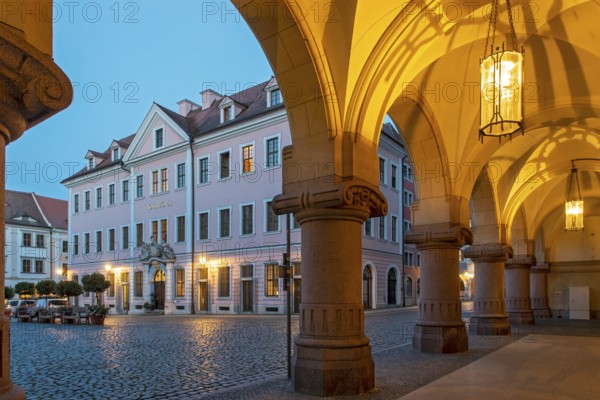 Hotel Börse and arcade of New Town Hall building by night, Untermarkt, Görlitz, Goerlitz, Germany,