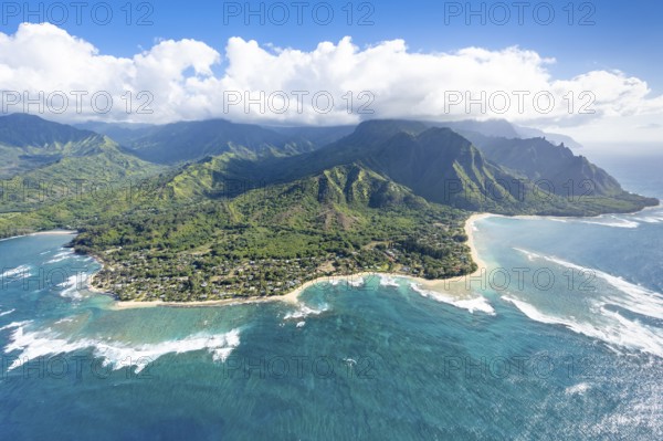Aerial view Ke'e Beach, Haena Beach, Tunnels Beach, Kepuhi Beach, Napali Coast, Kauai, Hawaii, USA,