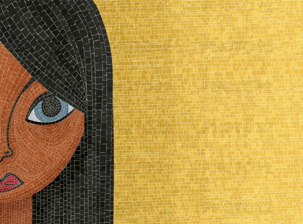 Graphic mosaic design depicting a girls portrait. Copy space vector art illustration