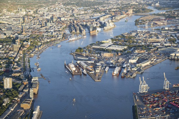 Aerial view of the port of Hamburg with Elbe, Elbe Philharmonic Hall, Speicherstadt, harbour city,