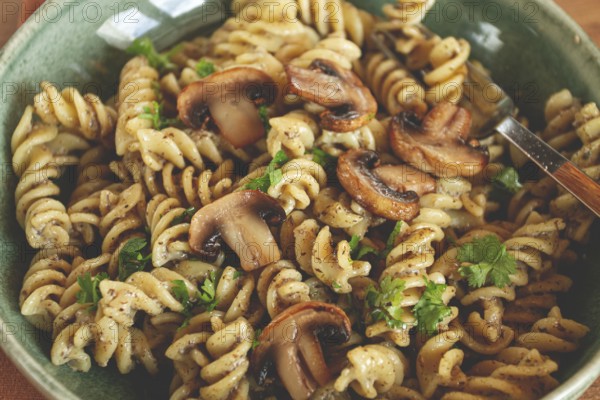 Fusilli pasta, in creamy mushroom sauce, pasta with mushrooms, homemade, no people