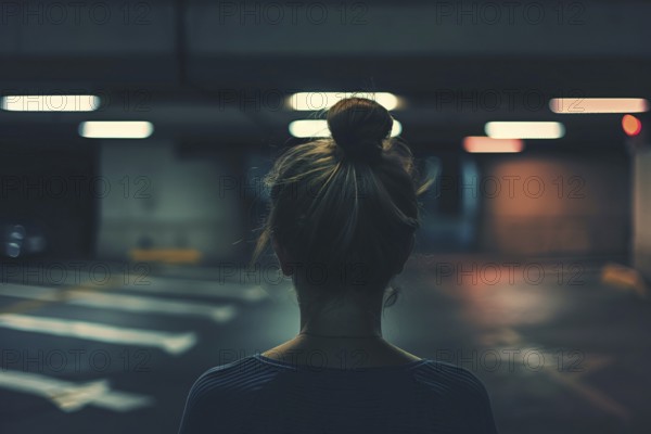 Back view of young woman alone in dark parking garage. Generative Ai, AI generated