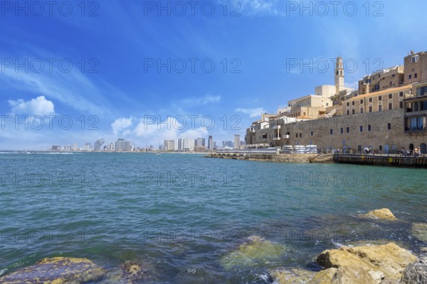 Israel, view of Tel Aviv shore sea shoreline and Namal Yafo historic Old Jaffa port, Asia