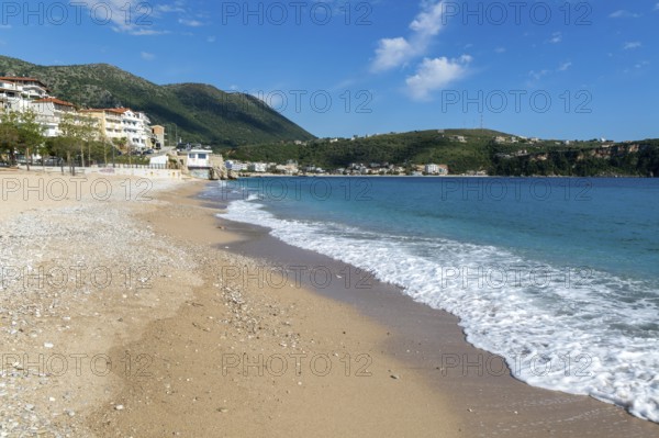 Turquoise blue sea at town beach of Himare, Albanian Riviera, Albania, Europe