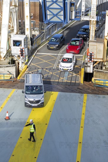 Cars driving on ferry, harbour, Dover, Kent, England, Great Britain