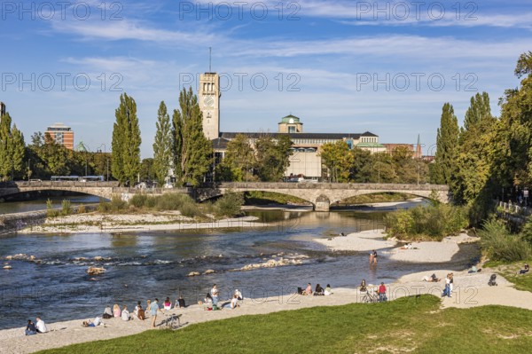 People on the Isar and German Museum on the Museum Island, Munich, Bavaria, Germany, Europe