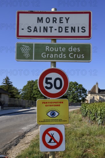 Town sign of Morey-Saint-Denis on the Route des Grand-Crus, Route of Fine Wines, Côte-d'Or