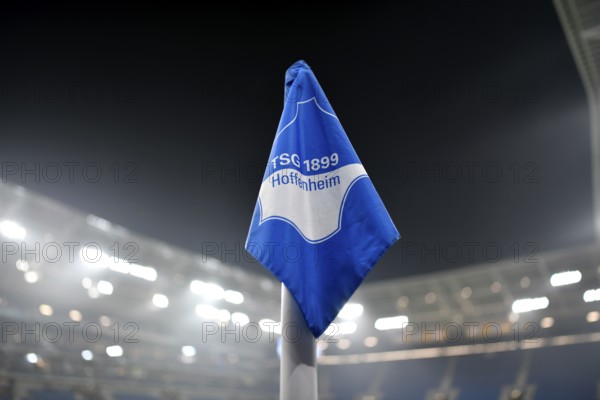 Corner flag, TSG 1899 Hoffenheim logo, grandstand, stadium interior, empty, PreZero Arena,