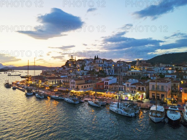 Aerial view, blue hour, Poros, Poros Island, Saronic Islands, Peloponnese, Greece, Europe