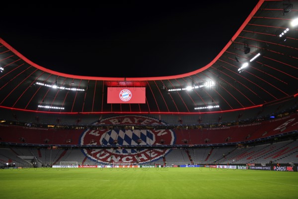 Overview Interior Allianz Arena, empty, FC Bayern Munich logo, scoreboard, Munich, Bavaria,