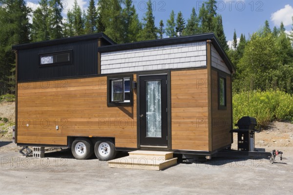Contemporary brown stained pine and grey oak wood shingles clad cottage style 8 x 24 foot sloped