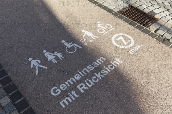 Mobility strip for walking speed in the pedestrian zone, marked with pictograms for pedestrians,
