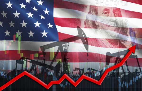 Oil pumps with the USA flag. Oil rise with the US flag. Oil production with USA flag