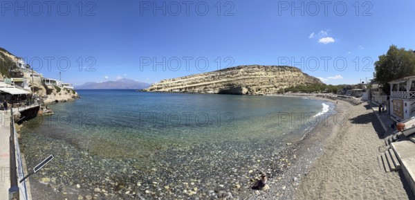 View of bay and beach of Matala with Libyan Sea Mediterranean on south coast of island Crete, in