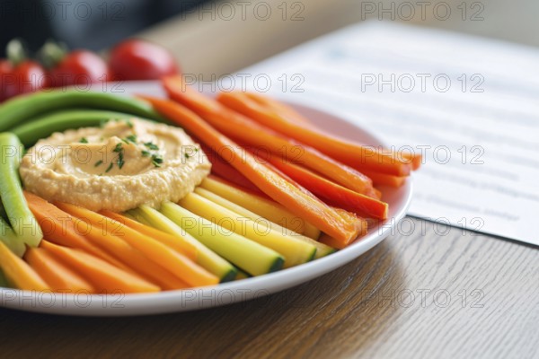Plate with raw vegetables and hummus dip. Generative Ai, AI generated