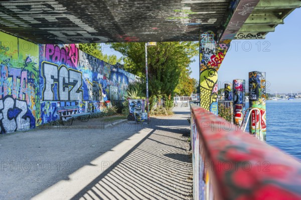 Graffiti on Lake Zurich, street art, lake, Zurich, Switzerland, Europe