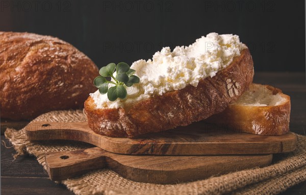 Sandwich, with cream cheese, homemade, on a cutting board, rustic style, no people, selective