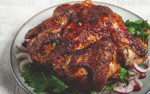 Whole fried chicken, with spices, grilled chicken, on a light background, top view, homemade, no