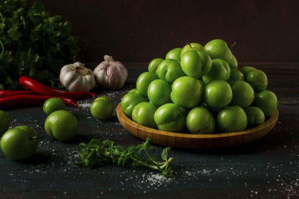 Tkemali, green cherry plum, with ingredients for sauce, cilantro, mint, hot pepper, garlic, on a