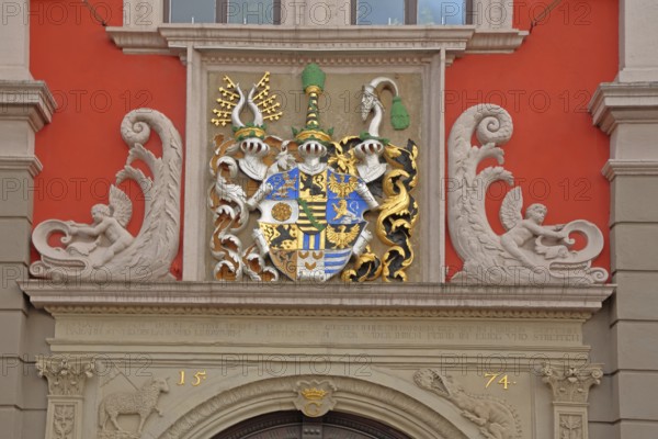 City coat of arms with decorations and year 1574, Renaissance, red, historic, historical, princely,