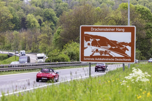 Tourist information board on the Drackensteiner Hang, A8 motorway near Hohenstadt in the Swabian