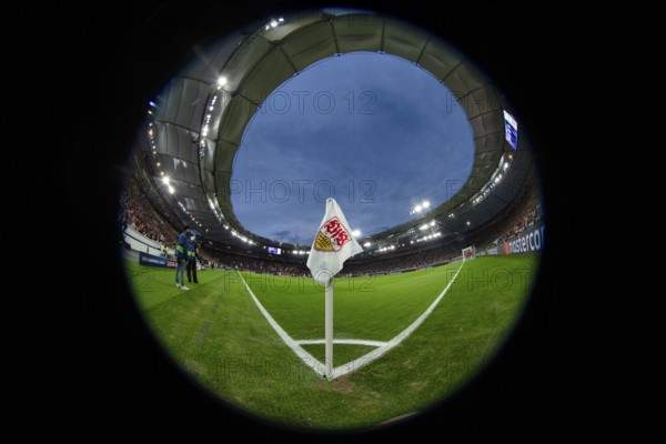 Corner flag, VfB Stuttgart, logo, blue hour, fisheye, Champions League, MHPArena, MHP Arena
