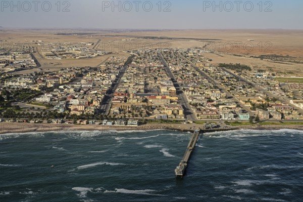 Aerial view of Swakopmund with the jetty and the Namib Desert on the Atlantic coast, Swakopmund,