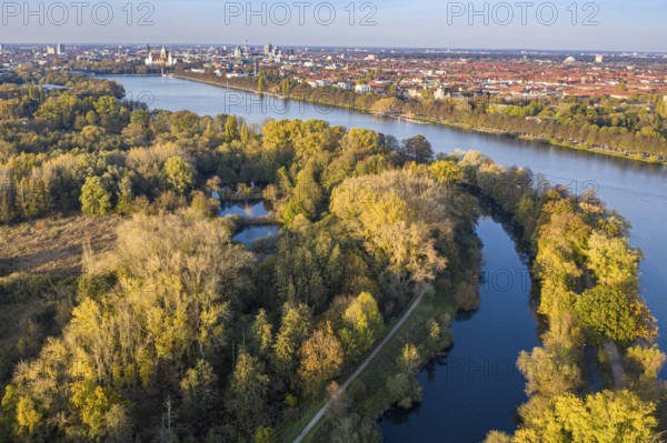 Drone shot of river Leine and lake Maschsee in autumn, Hannover city, Germany, Europe