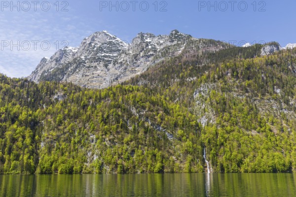 Schrainbach waterfall falls in Königssee, Waltzmanngruppe, mixed forest, rock, mountain,
