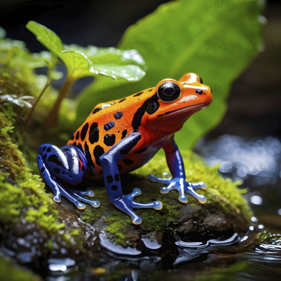Poison dart frog adorned in bright vivid hues sitting near a moss covered rock, AI generated