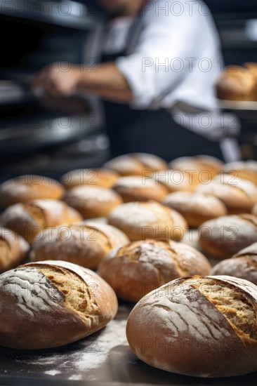 Fresh loaves of bread dominate the foreground of an industrial bakery, AI generated
