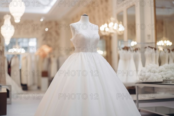 White elegant wedding dress in bridal shop. KI generiert, generiert AI generated