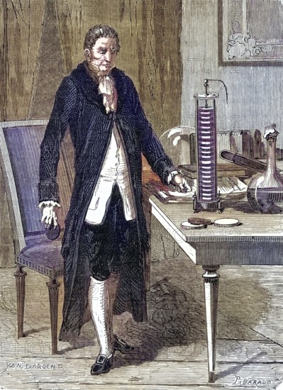 Alessandro Volta (1745-1827) Italian physicist, demonstrating his electric pile (battery), Wood