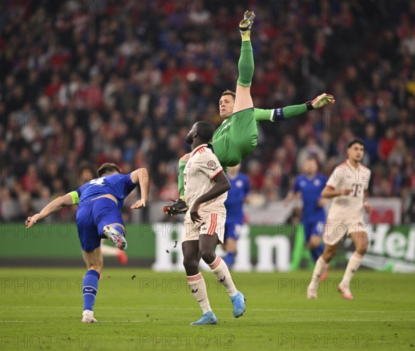 Goalkeeper Manuel Neuer FC Bayern Munich FCB (01) is injured in a duel with Bruno Petkovic GNK