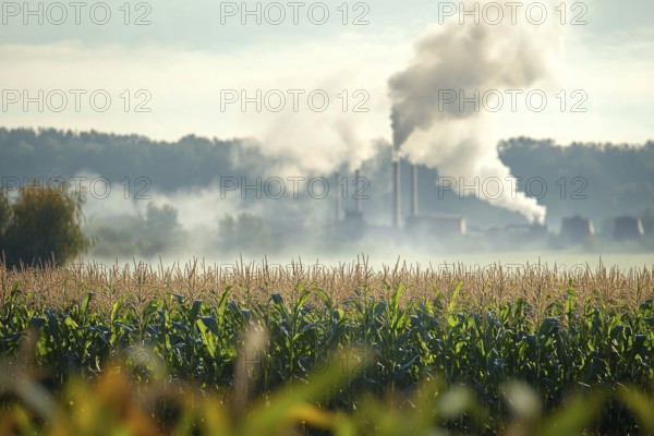 Agricultural field and factory with fumes in blurry background. Generative Ai, AI generated