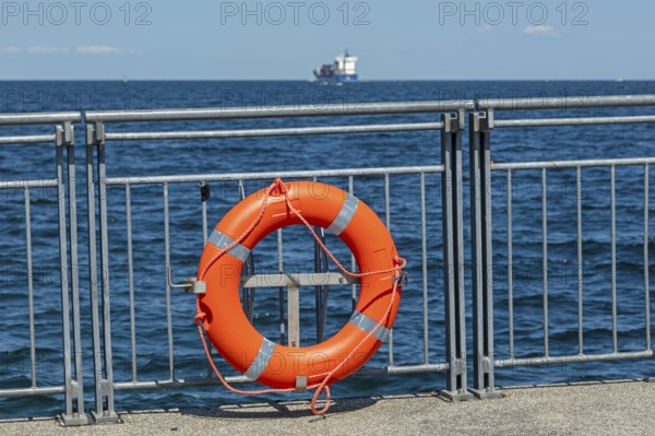 Lifebuoy, ferry dock, container ship, Falckenstein, Kiel, Kiel Fjord, Schleswig-Holstein, Germany,