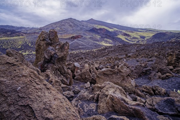 Lava rock and crater landscape around the Crateri Silvestri in the Etna National Park, Parco