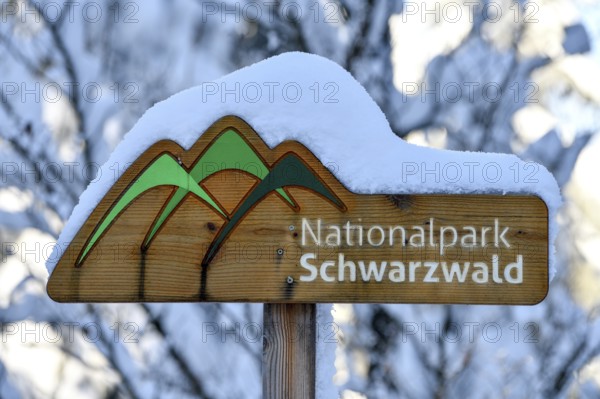 Snowy sign Black Forest National Park, near Kniebis, county Freudenstadt, Black Forest,